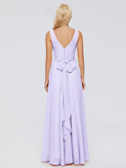 Ryleigh V Neck Long Chiffon Bridesmaid Dresses with Bow