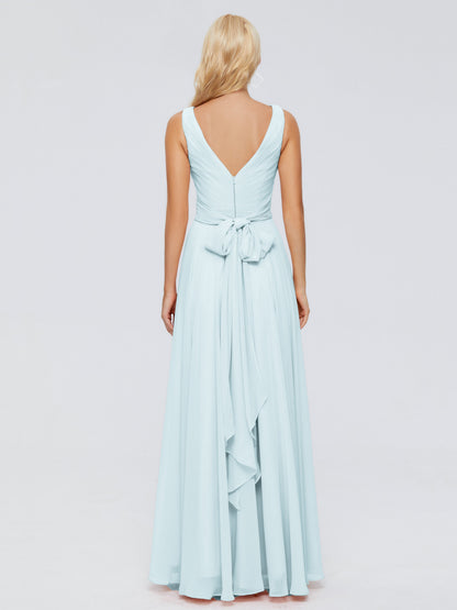 Ryleigh V Neck Long Chiffon Bridesmaid Dresses with Bow