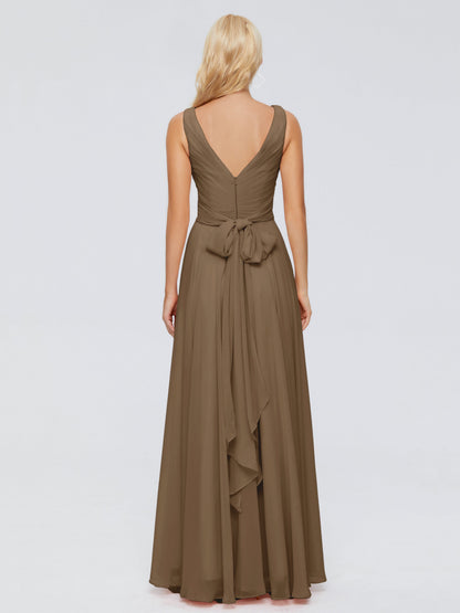 Ryleigh V Neck Long Chiffon Bridesmaid Dresses with Bow