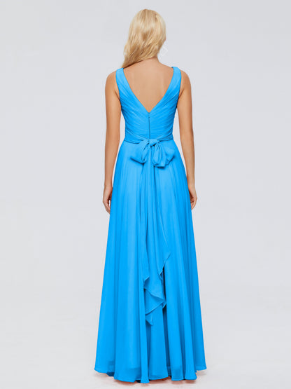 Ryleigh V Neck Long Chiffon Bridesmaid Dresses with Bow