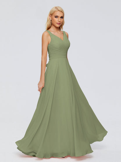 Ryleigh V Neck Long Chiffon Bridesmaid Dresses with Bow