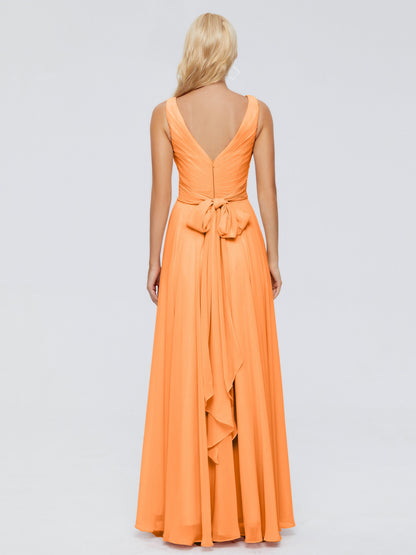 Ryleigh V Neck Long Chiffon Bridesmaid Dresses with Bow