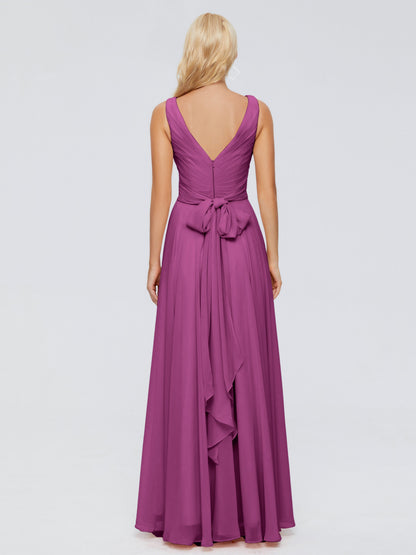 Ryleigh V Neck Long Chiffon Bridesmaid Dresses with Bow