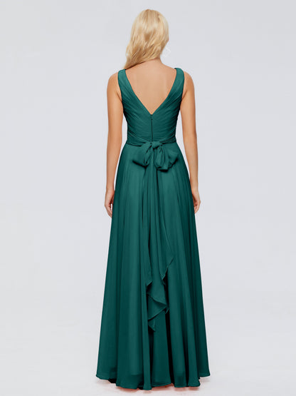 Ryleigh V Neck Long Chiffon Bridesmaid Dresses with Bow