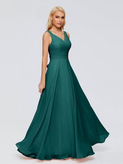 Ryleigh V Neck Long Chiffon Bridesmaid Dresses with Bow