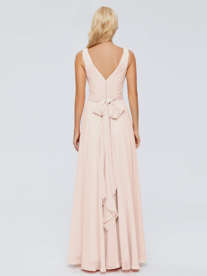 Ryleigh V Neck Long Chiffon Bridesmaid Dresses with Bow