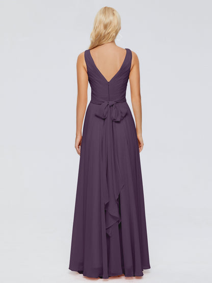 Ryleigh V Neck Long Chiffon Bridesmaid Dresses with Bow