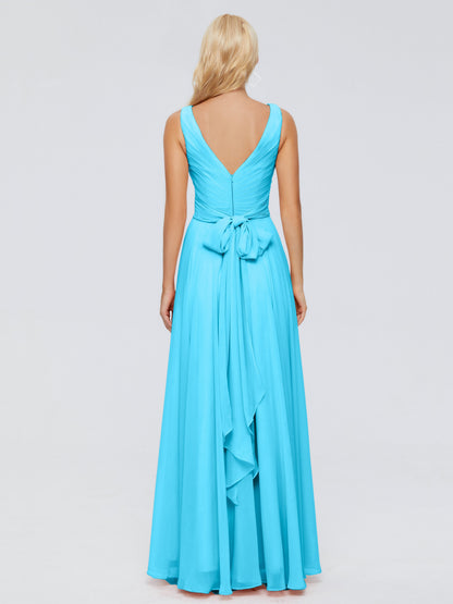 Ryleigh V Neck Long Chiffon Bridesmaid Dresses with Bow