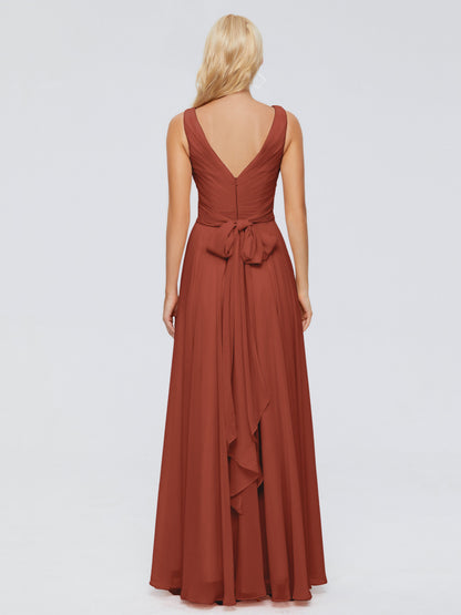 Ryleigh V Neck Long Chiffon Bridesmaid Dresses with Bow