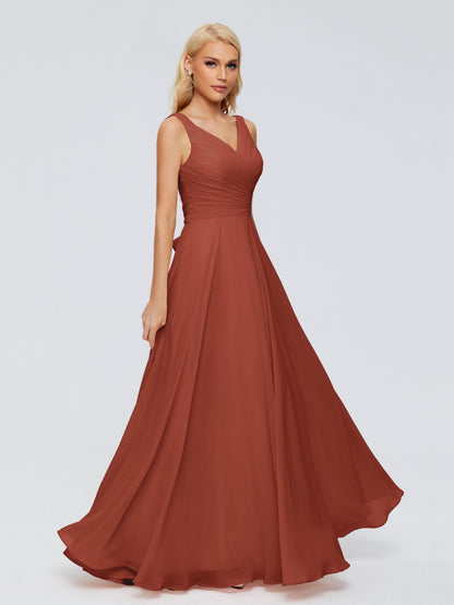 Ryleigh V Neck Long Chiffon Bridesmaid Dresses with Bow