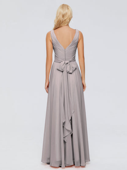 Ryleigh V Neck Long Chiffon Bridesmaid Dresses with Bow