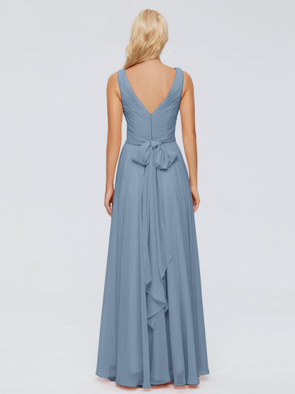 Ryleigh V Neck Long Chiffon Bridesmaid Dresses with Bow