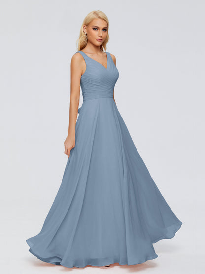 Ryleigh V Neck Long Chiffon Bridesmaid Dresses with Bow
