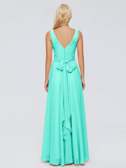 Ryleigh V Neck Long Chiffon Bridesmaid Dresses with Bow
