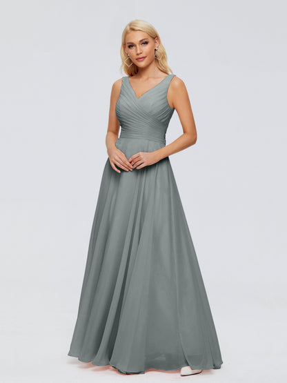Ryleigh V Neck Long Chiffon Bridesmaid Dresses with Bow