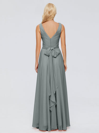 Ryleigh V Neck Long Chiffon Bridesmaid Dresses with Bow