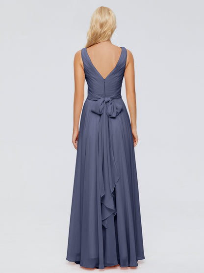 Ryleigh V Neck Long Chiffon Bridesmaid Dresses with Bow