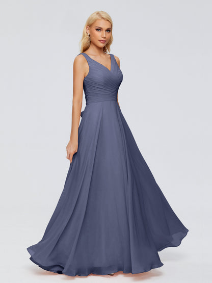 Ryleigh V Neck Long Chiffon Bridesmaid Dresses with Bow
