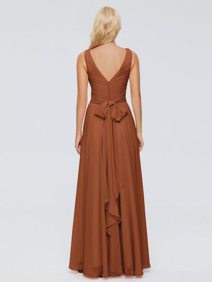 Ryleigh V Neck Long Chiffon Bridesmaid Dresses with Bow
