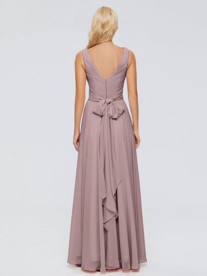 Ryleigh V Neck Long Chiffon Bridesmaid Dresses with Bow