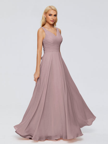 Ryleigh V Neck Long Chiffon Bridesmaid Dresses with Bow