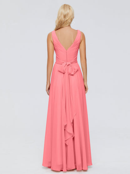 Ryleigh V Neck Long Chiffon Bridesmaid Dresses with Bow