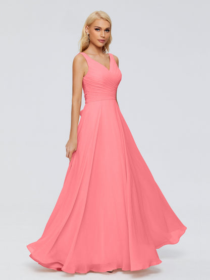 Ryleigh V Neck Long Chiffon Bridesmaid Dresses with Bow