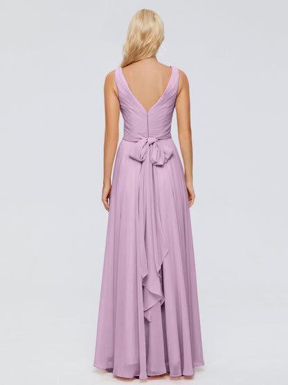 Ryleigh V Neck Long Chiffon Bridesmaid Dresses with Bow