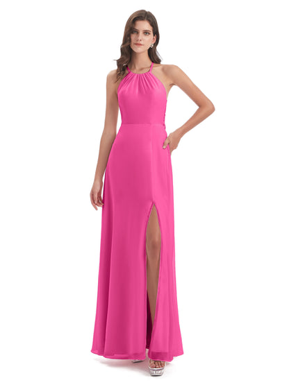 Samira Sheath Floor Length Halter Split Chiffon Bridesmaid Dresses