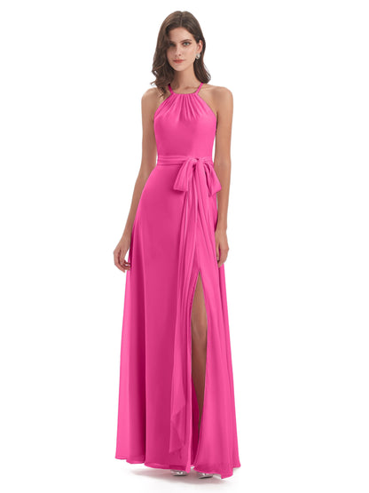Samira Sheath Floor Length Halter Split Chiffon Bridesmaid Dresses