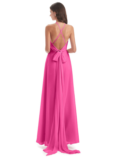 Samira Sheath Floor Length Halter Split Chiffon Bridesmaid Dresses