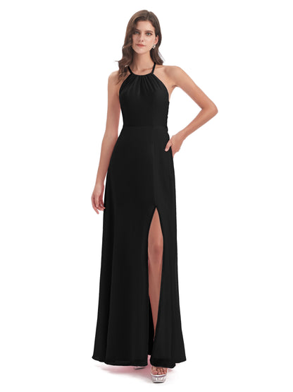 Samira Sheath Floor Length Halter Split Chiffon Bridesmaid Dresses