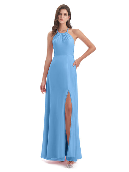 Samira Sheath Floor Length Halter Split Chiffon Bridesmaid Dresses