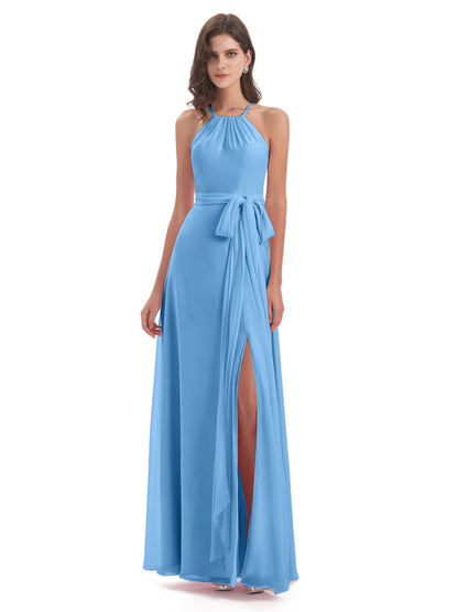 Samira Sheath Floor Length Halter Split Chiffon Bridesmaid Dresses