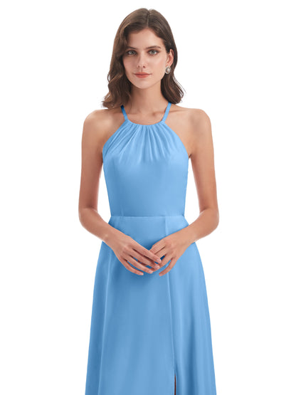 Samira Sheath Floor Length Halter Split Chiffon Bridesmaid Dresses