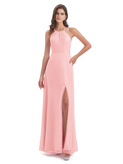 Samira Sheath Floor Length Halter Split Chiffon Bridesmaid Dresses