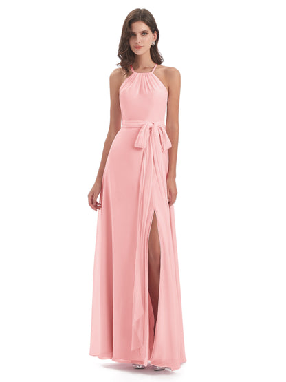 Samira Sheath Floor Length Halter Split Chiffon Bridesmaid Dresses