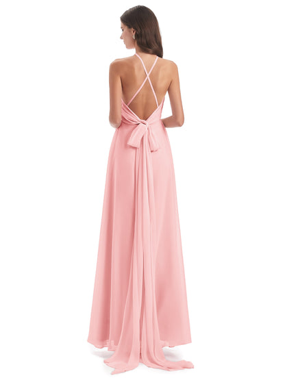 Samira Sheath Floor Length Halter Split Chiffon Bridesmaid Dresses