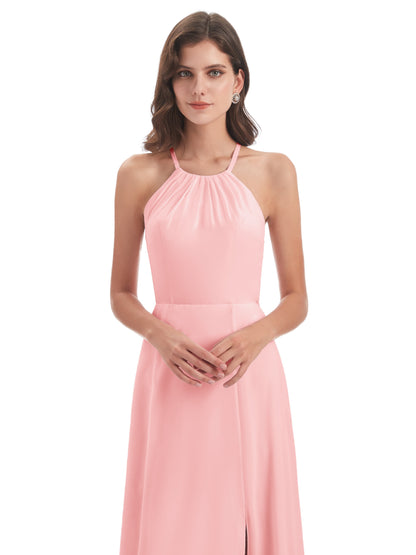 Samira Sheath Floor Length Halter Split Chiffon Bridesmaid Dresses