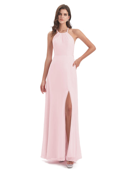 Samira Sheath Floor Length Halter Split Chiffon Bridesmaid Dresses