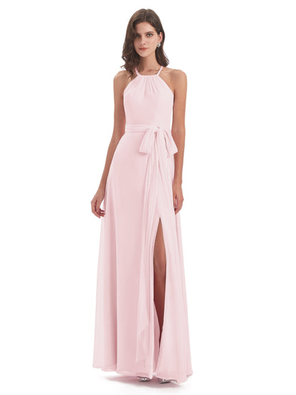 Samira Sheath Floor Length Halter Split Chiffon Bridesmaid Dresses
