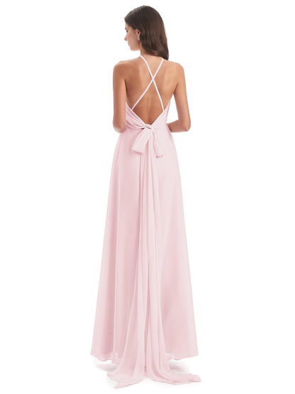 Samira Sheath Floor Length Halter Split Chiffon Bridesmaid Dresses