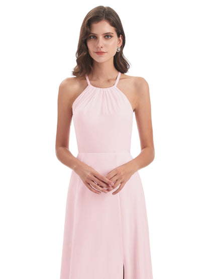 Samira Sheath Floor Length Halter Split Chiffon Bridesmaid Dresses