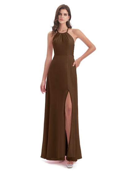 Samira Sheath Floor Length Halter Split Chiffon Bridesmaid Dresses