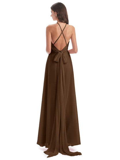 Samira Sheath Floor Length Halter Split Chiffon Bridesmaid Dresses