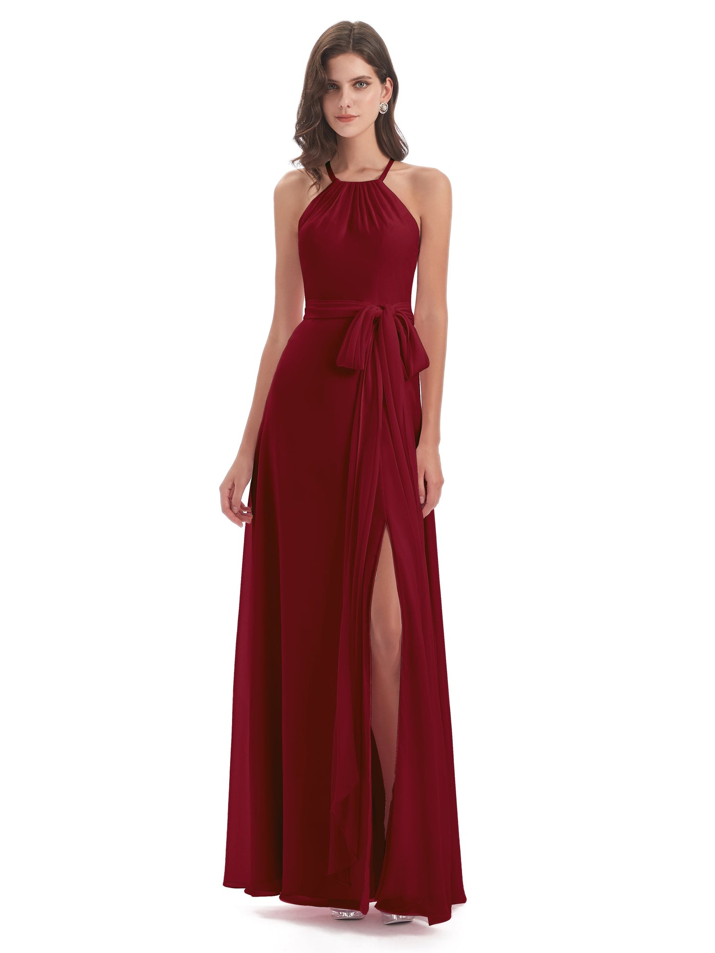 Samira Sheath Floor Length Halter Split Chiffon Bridesmaid Dresses