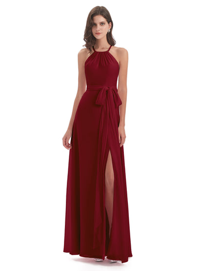 Samira Sheath Floor Length Halter Split Chiffon Bridesmaid Dresses
