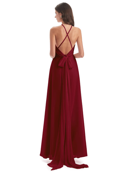 Samira Sheath Floor Length Halter Split Chiffon Bridesmaid Dresses