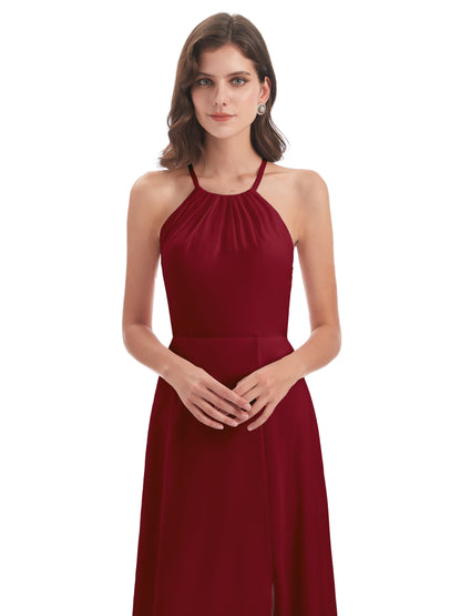 Samira Sheath Floor Length Halter Split Chiffon Bridesmaid Dresses