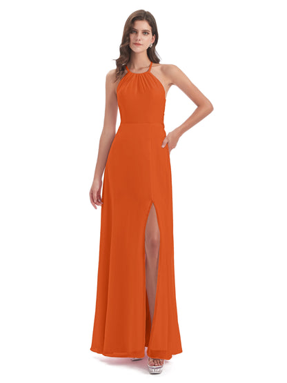 Samira Sheath Floor Length Halter Split Chiffon Bridesmaid Dresses